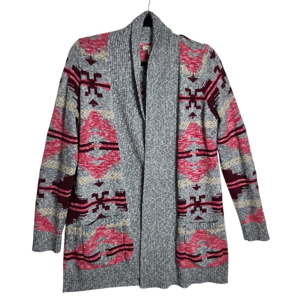Lucky Brand Womens Southwestern Geometric Open Front Cardigan Gray Pink XL